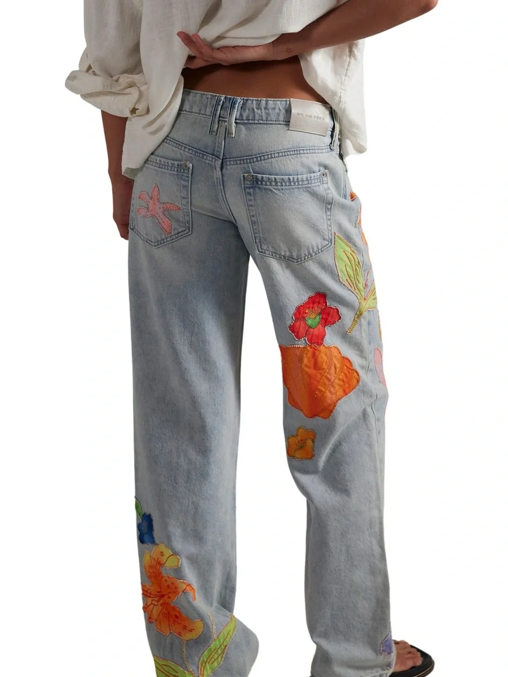 Free People Light Wash Straight-Leg Jeans with Colorful Sea-Life Appliqués